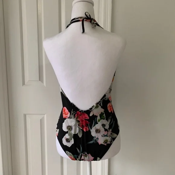 H&M Floral Swimsuit One-piece Bathing Suit Low Cut Halter Cheeky Flower Print 10 - Picture 2 of 8